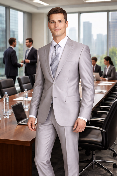 Mens Cheap Grey Suit Mens 2 Button Peak Lapel Shiny Sharkskin Suit in Silver Grey