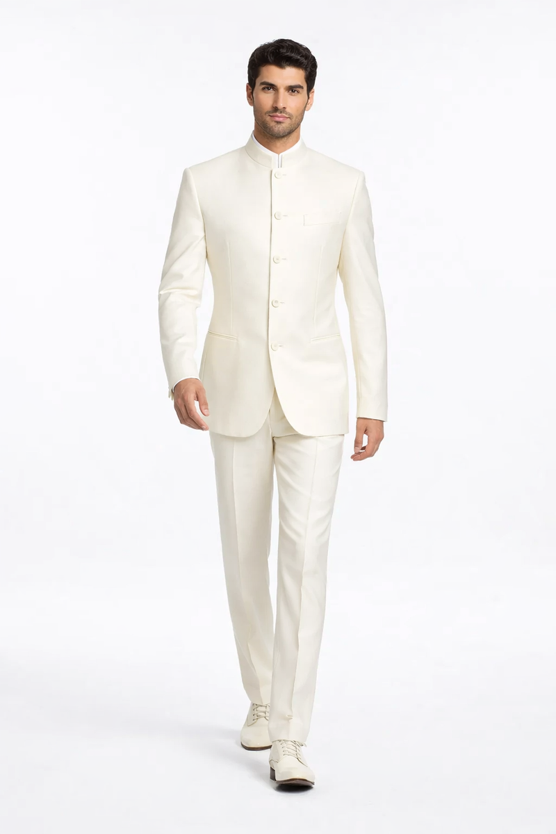 Mens Cheap White Suit 5 Button Mandarin Collar Tuxedo Suit in Ivory