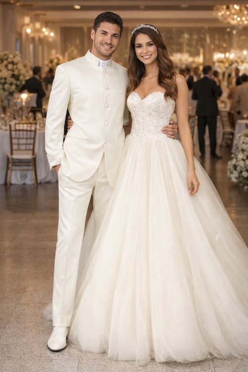 Mens Cheap White Suit 5 Button Mandarin Collar Tuxedo Suit in Ivory