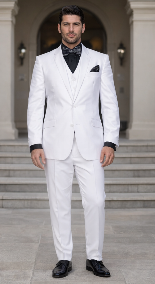 Mens Cheap White Suit Classic Fit Pleated Pant 2 Button Wool Suit in White