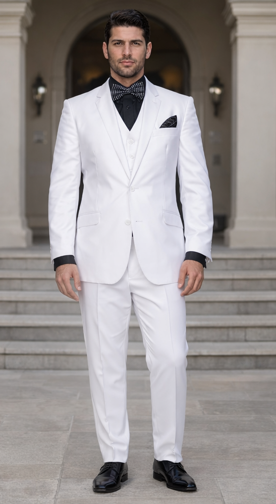 Mens Cheap White Suit Classic Fit Pleated Pant 2 Button Wool Suit in White