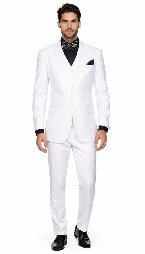 Mens Cheap White Suit Classic Fit Pleated Pant 2 Button Wool Suit in White