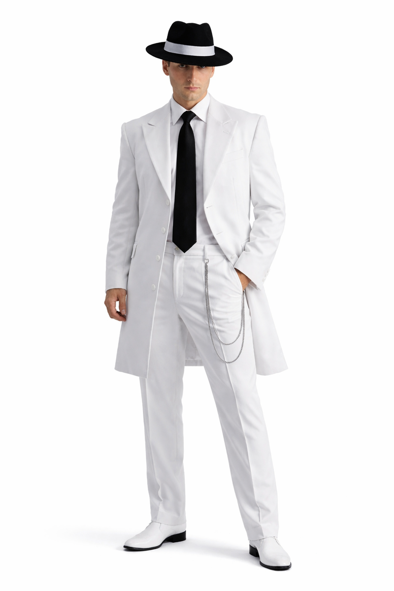 Mens Cheap White Suit Long Tuxedo Zoot Suit in White