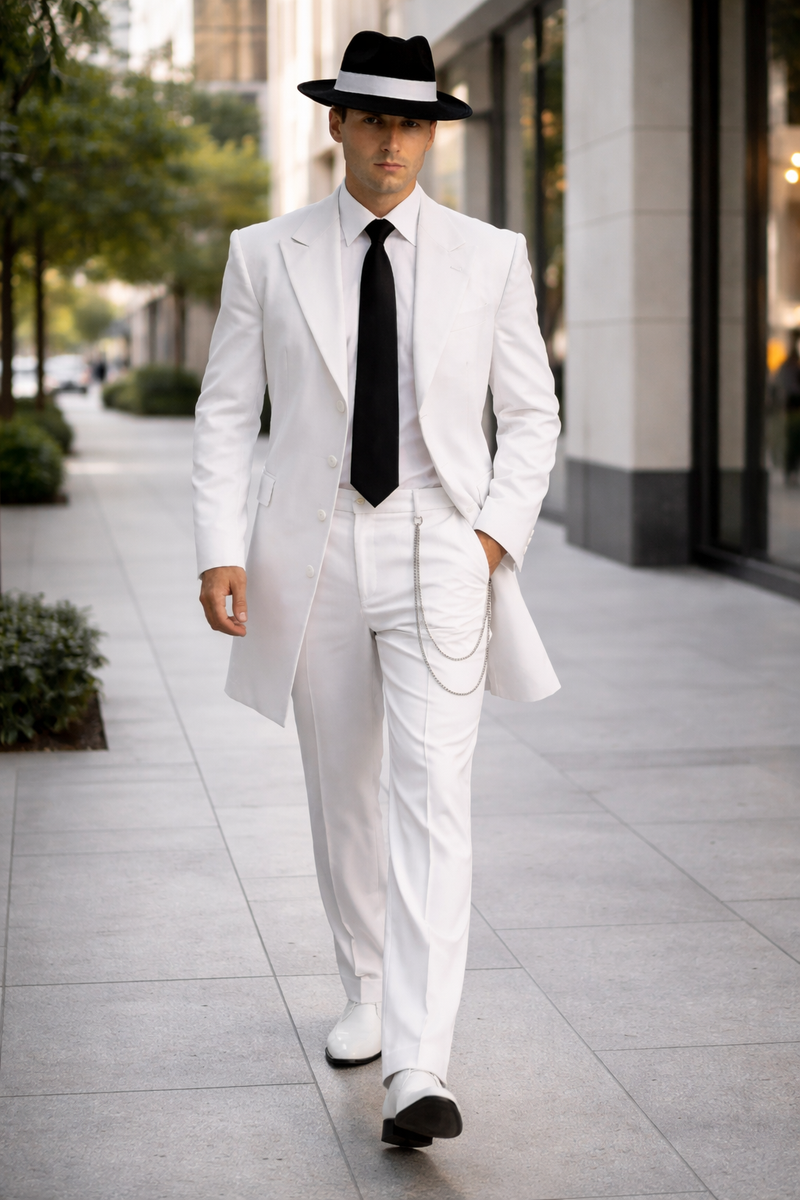 Mens Cheap White Suit Long Tuxedo Zoot Suit in White