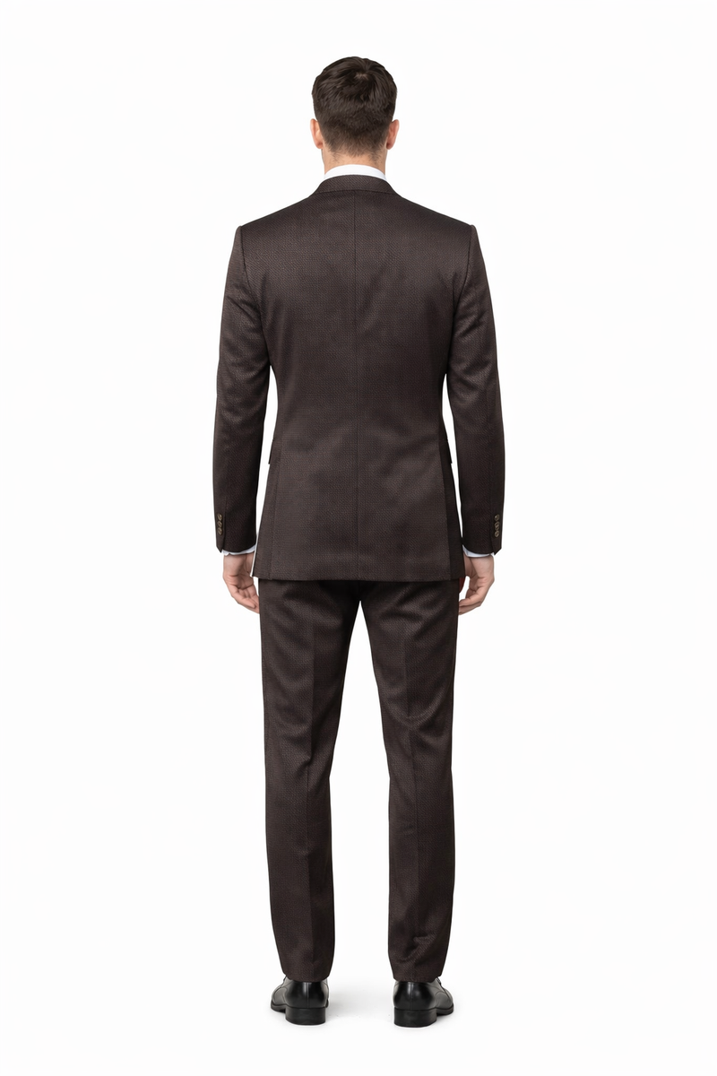 Mens Chocolate Brown Textured 3-Piece Suit Luxury Double-Breasted Vest Formal Set