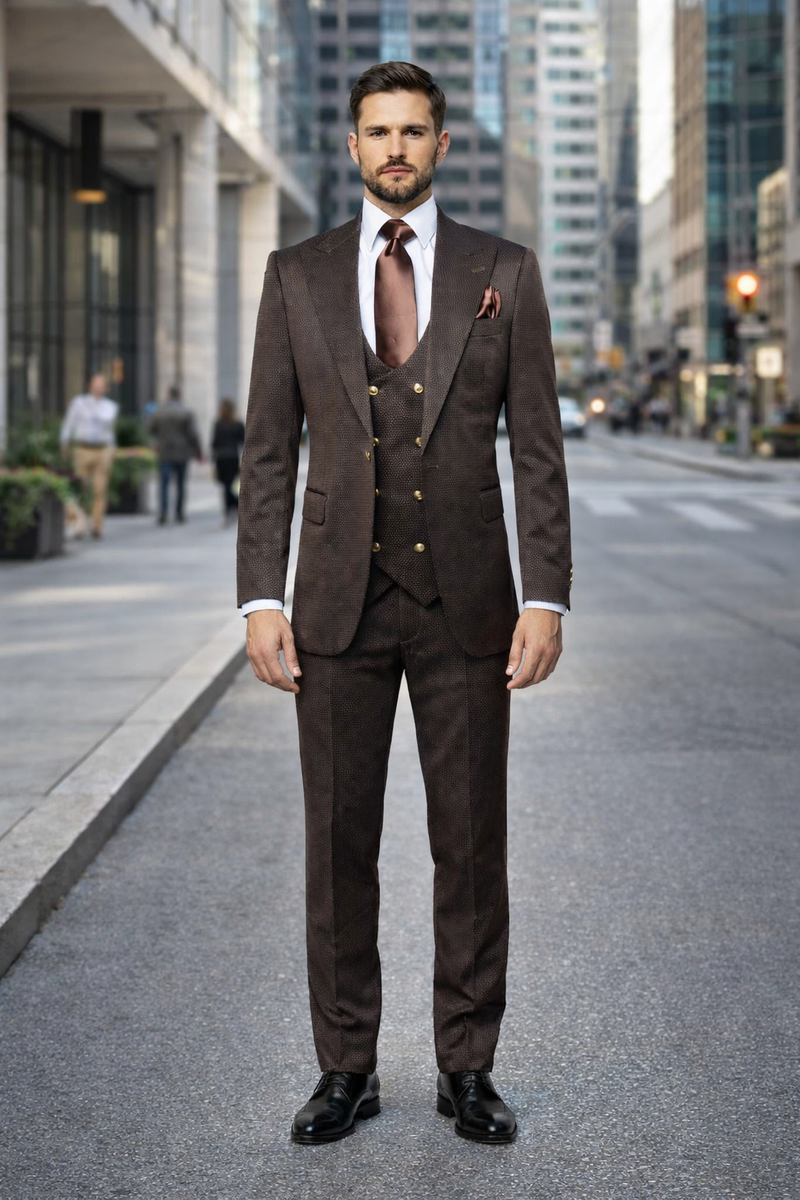 Mens Chocolate Brown Textured 3-Piece Suit Luxury Double-Breasted Vest Formal Set