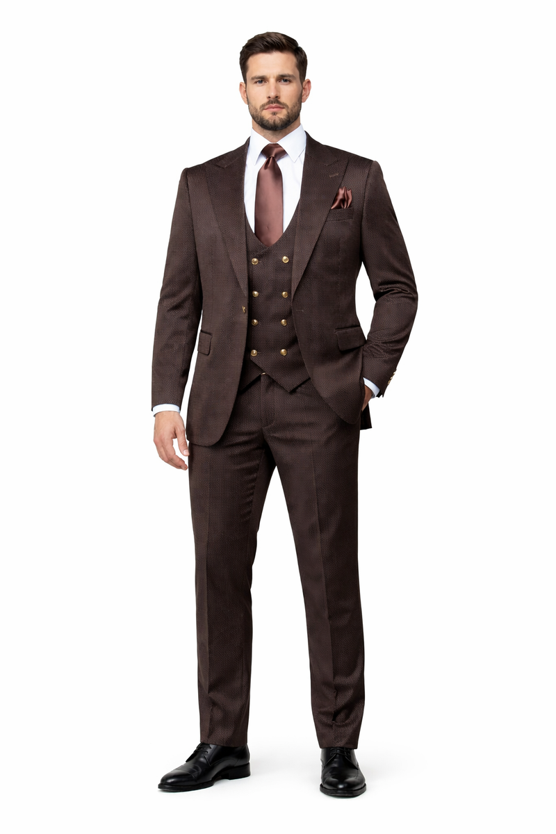 Mens Chocolate Brown Textured 3-Piece Suit Luxury Double-Breasted Vest Formal Set