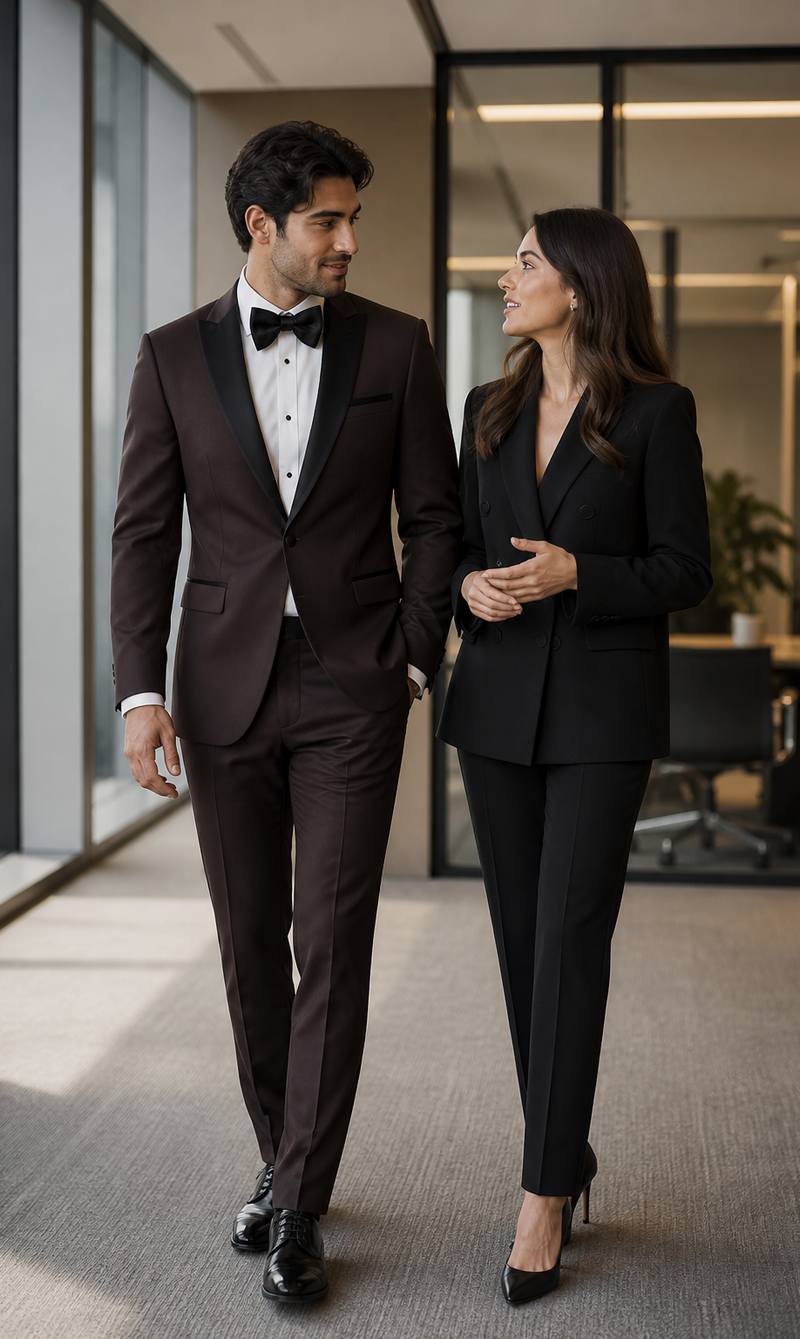 Mens Chocolate Brown Tuxedo with Black Satin Peak Lapel – Formal Wedding and Prom Suit