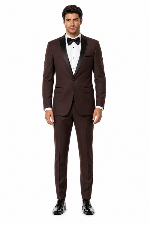 Mens Chocolate Brown Tuxedo with Black Satin Peak Lapel – Formal Wedding and Prom Suit