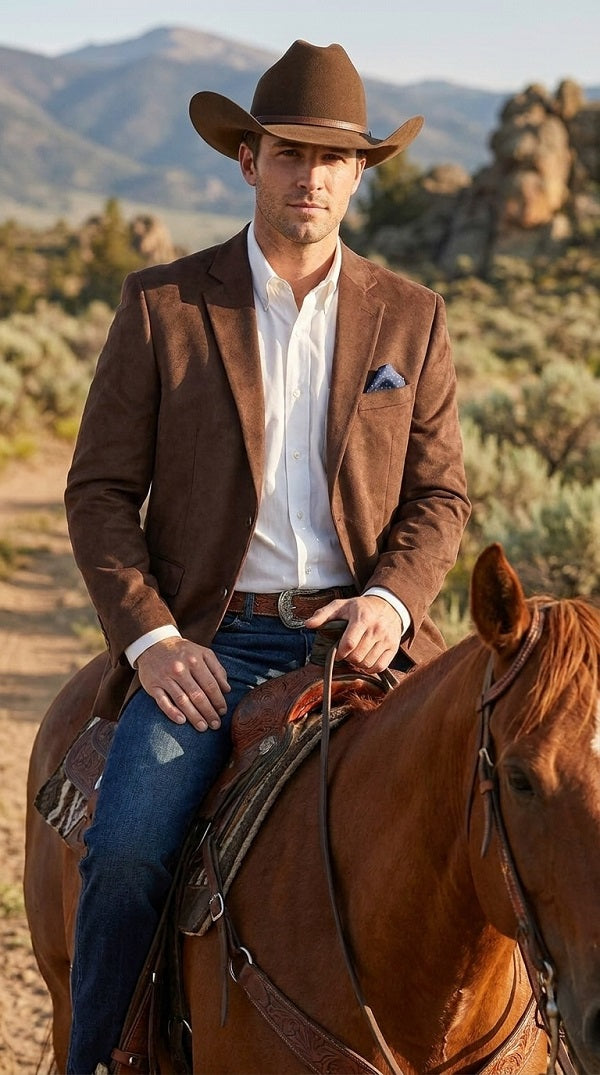 Mens Chocolate Brown Western Blazer – Cowboy Style Sport Coat Jacket Suede Fabric Two Buttons