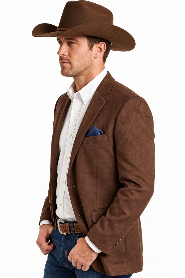 Mens Chocolate Brown Western Blazer – Cowboy Style Sport Coat Jacket Suede Fabric Two Buttons