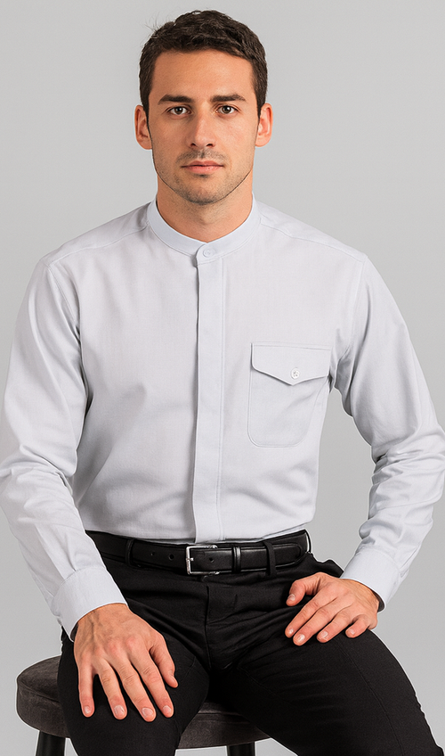 "Silver Grey Men's Classic French Front Dress Shirt with Banded Collar"