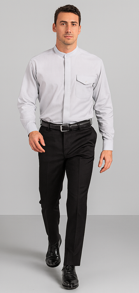 "Silver Grey Men's Classic French Front Dress Shirt with Banded Collar"