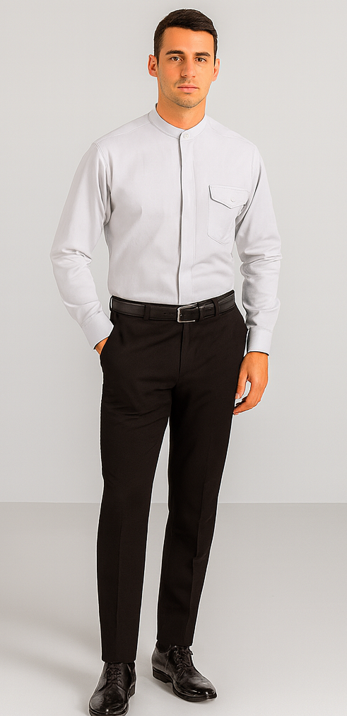 "Silver Grey Men's Classic French Front Dress Shirt with Banded Collar"