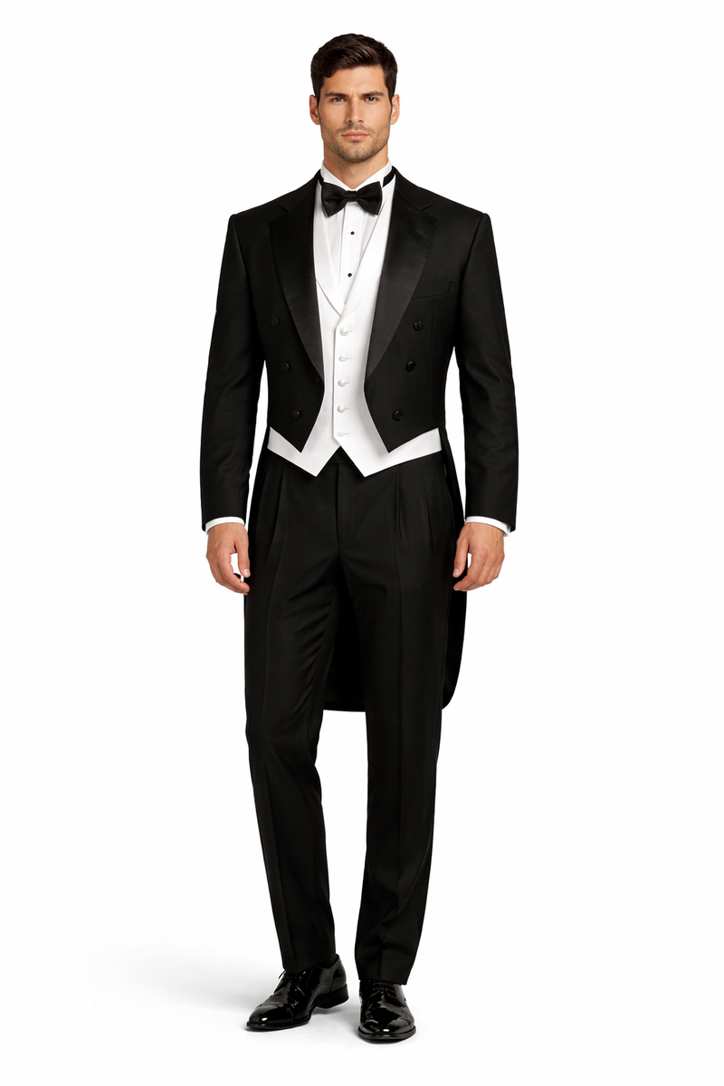 Mens Classic Black Tail Tuxedo with White Vest
