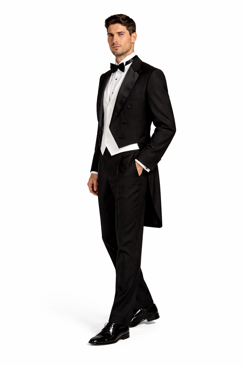 Mens Classic Black Tail Tuxedo with White Vest