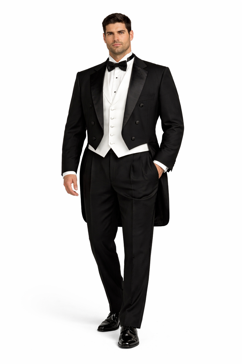 Mens Classic Black Tail Tuxedo with White Vest