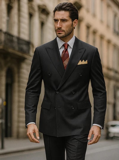Men's premium black double-breasted poplin suit. Structured jacket with wide lapels, six buttons. Slim fit. Matching trousers. Features a glossy fabric and a gold pocket square for contrast.