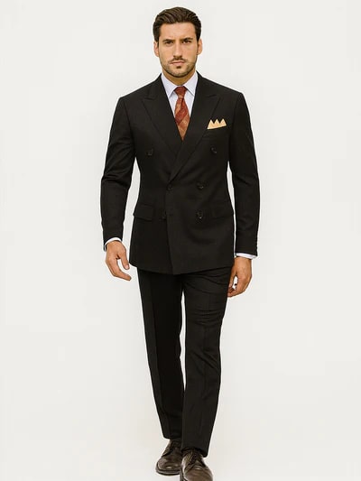 Men's premium black double-breasted suit crafted from poplin. Features structured shoulders, a classic two-row button design, tailored fit, and matching trousers.