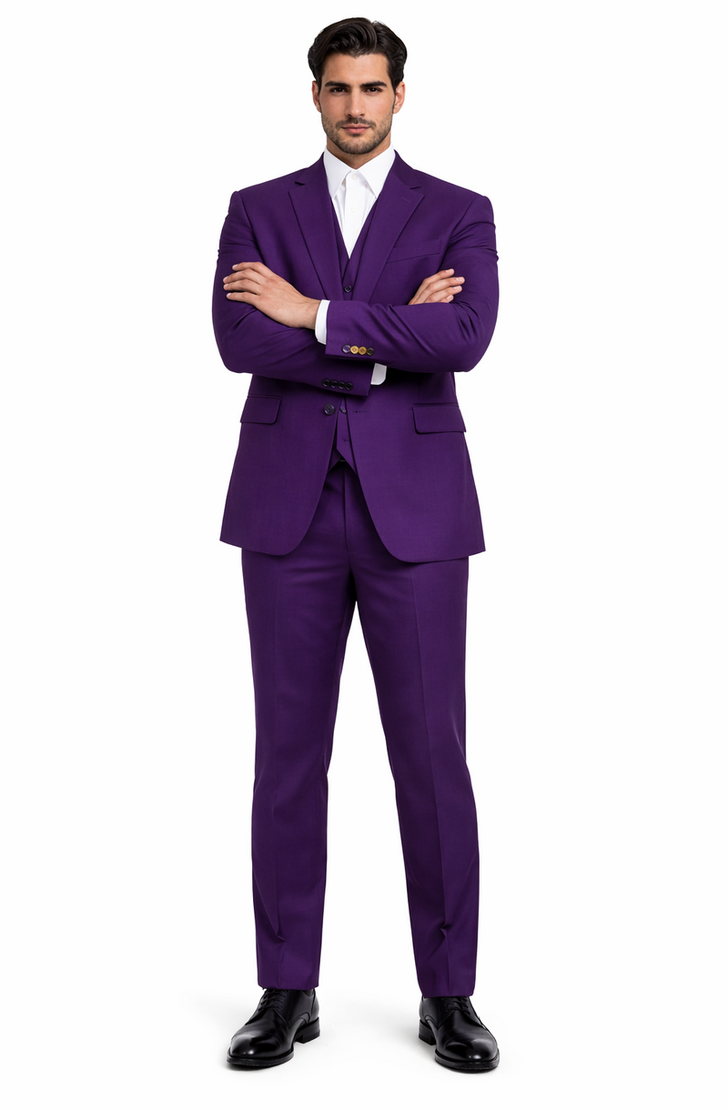 Mens Classic Three-Piece Purple Suit – Formal Slim Fit Tuxedo Set with Vest