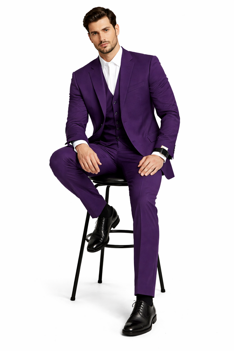 Mens Classic Three-Piece Purple Suit – Formal Slim Fit Tuxedo Set with Vest