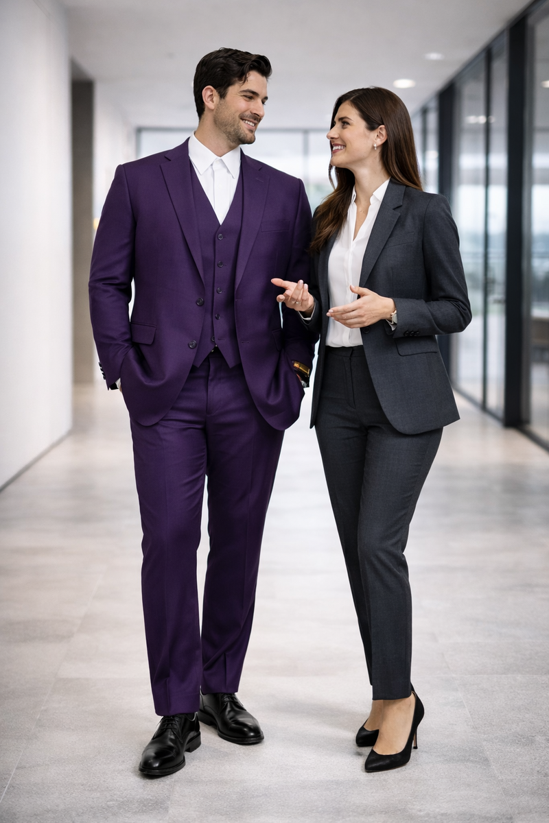 Mens Classic Three-Piece Purple Suit – Formal Slim Fit Tuxedo Set with Vest