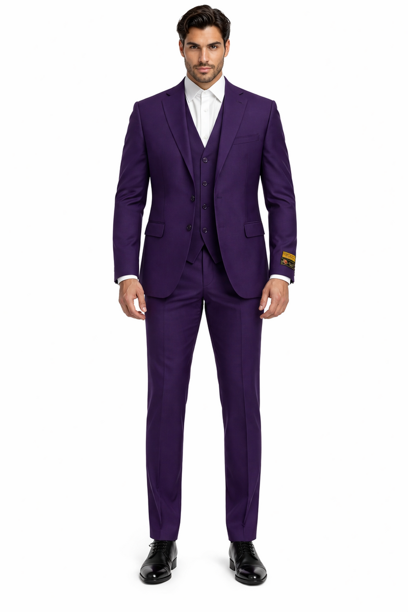 Mens Classic Three-Piece Purple Suit – Formal Slim Fit Tuxedo Set with Vest
