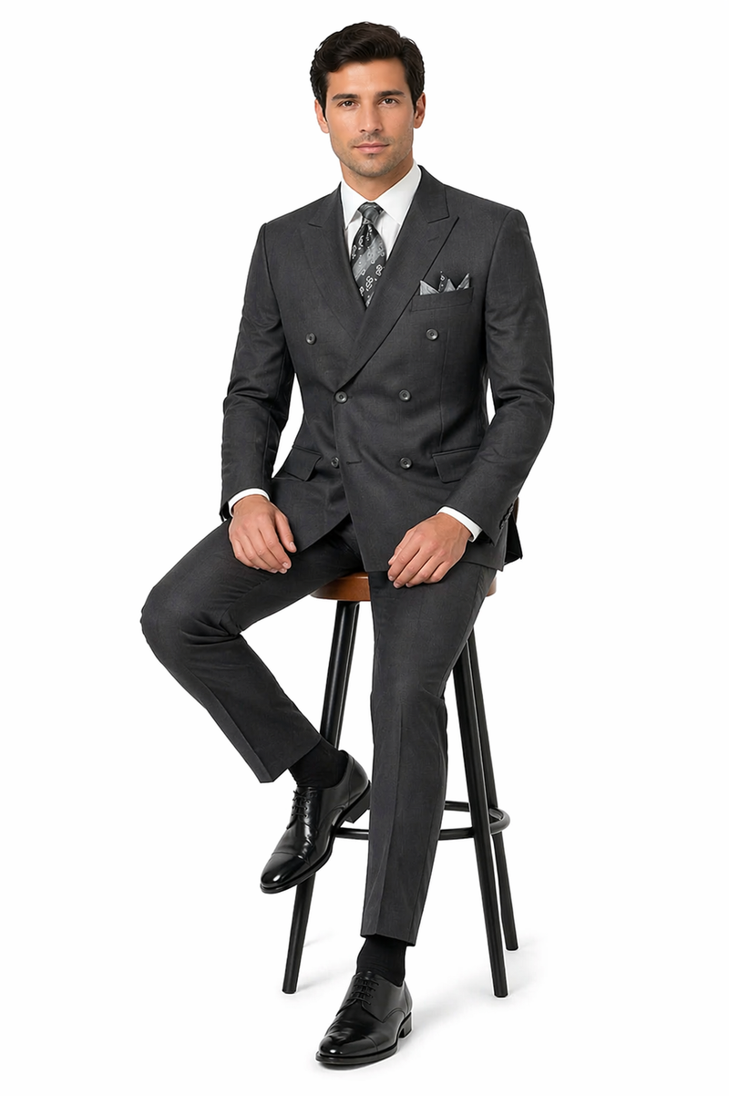 Mens Classic Wool Feel Double Breasted Suit in Heather Grey