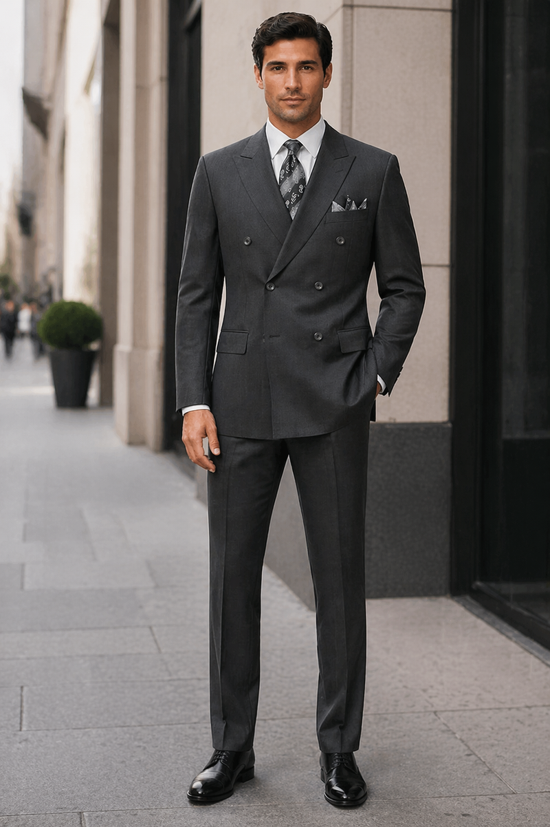 Mens Classic Wool Feel Double Breasted Suit in Heather Grey