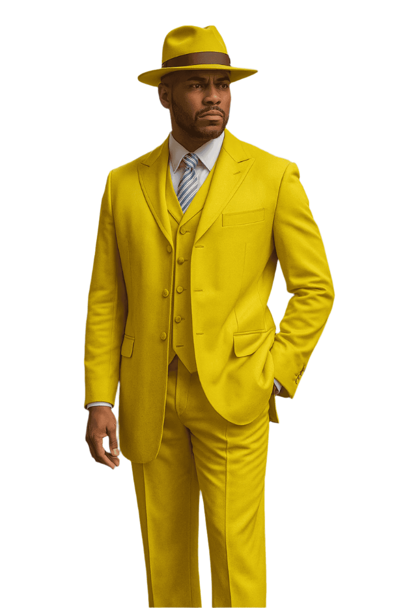 Bright yellow zoot suit: fitted, structured, padded shoulders, wide lapels, double-breasted. Includes matching hat with brown band. Three-piece: vest, tailored pants. Smooth wool blend, vintage 1920s aesthetic.