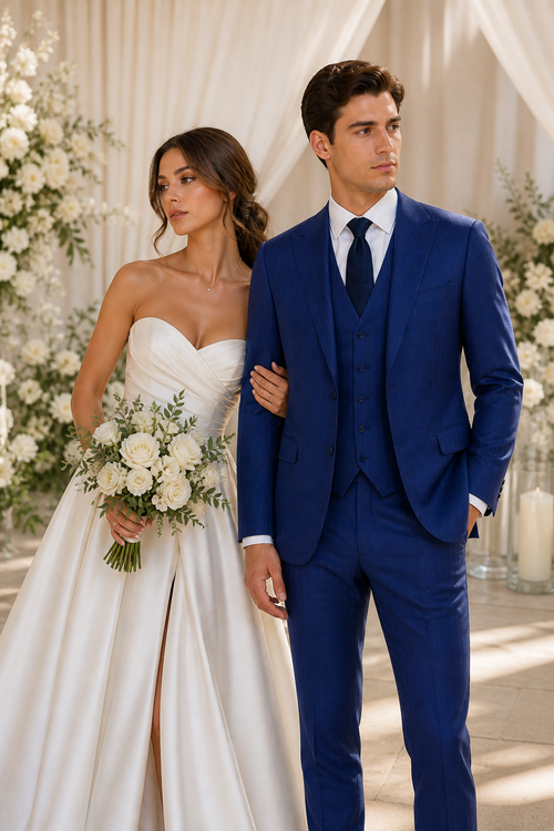 Men’s Cobalt Blue 3 Piece Suit – Indigo Light Blue Pinstripe Formal Suit with Vest for Wedding, Business Modern Fit Two buttons
