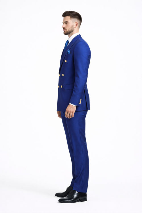 Mens Designer Modern Fit Double Breasted Wool Suit with Gold Buttons in Cobalt Blue