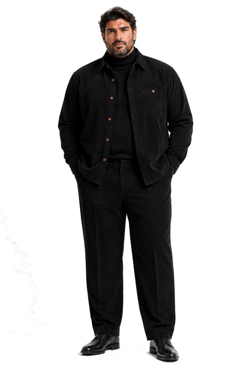 Men's Corduroy Shirt and Pants Walking Suit in Winter Cotton Fabric Casual in Color Black leisure Style