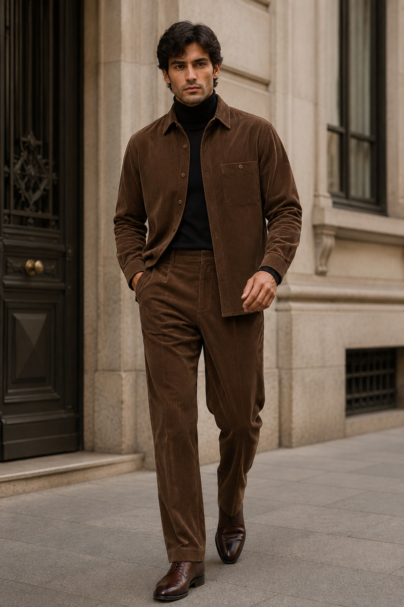 Men's Corduroy Shirt and Pants Walking Suit in Winter Cotton Fabric Casual in Color Brown leisure Style