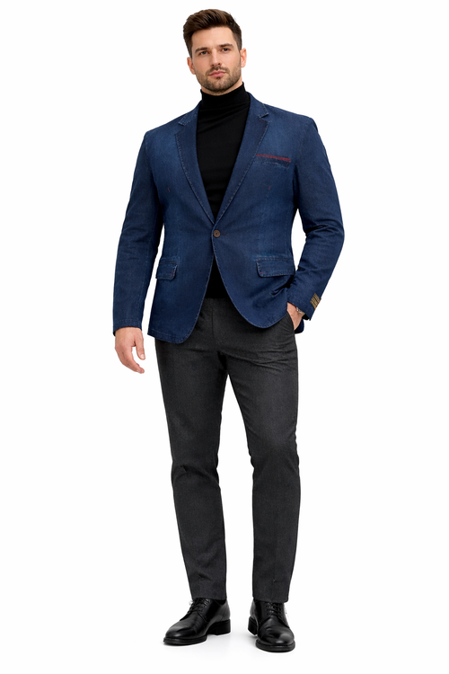 Mens Dark Blue Denim Casual Blazer with Notch Lapel and Single Button Closure