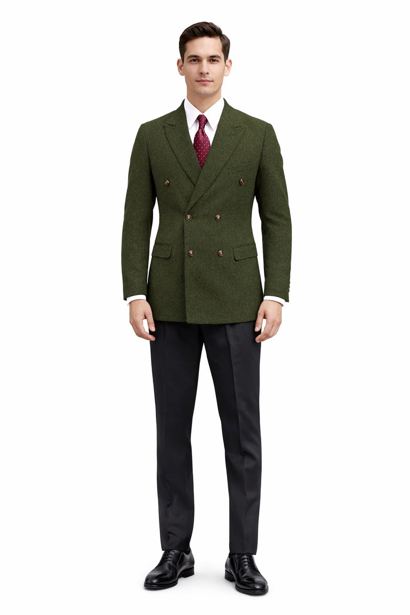 Men's dark green double-breasted winter blazer. Textured fabric, brown buttons, tailored fit, notched lapels, and two front pockets.
