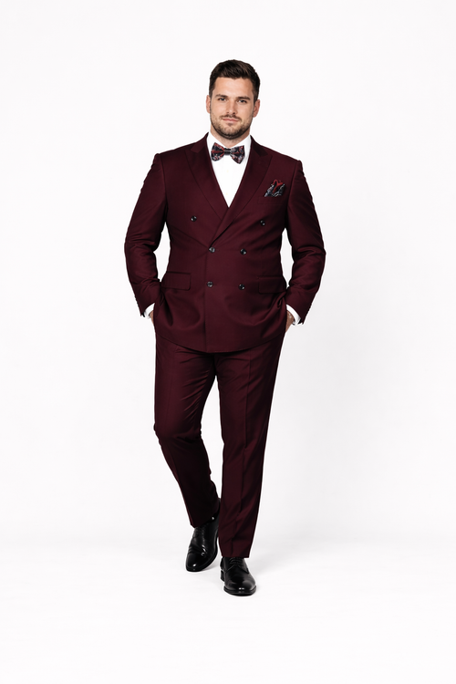 Men's Designer Double Breasted Wool Suit in Burgundy