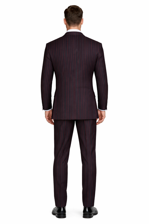 Men's Designer Double Breasted Wool Suit in Bold Black & Red Gangster Pinstripe