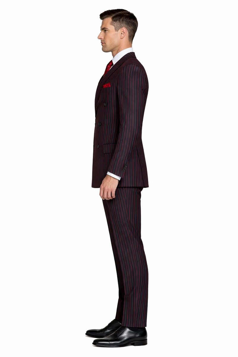 Men's Designer Double Breasted Wool Suit in Bold Black & Red Gangster Pinstripe