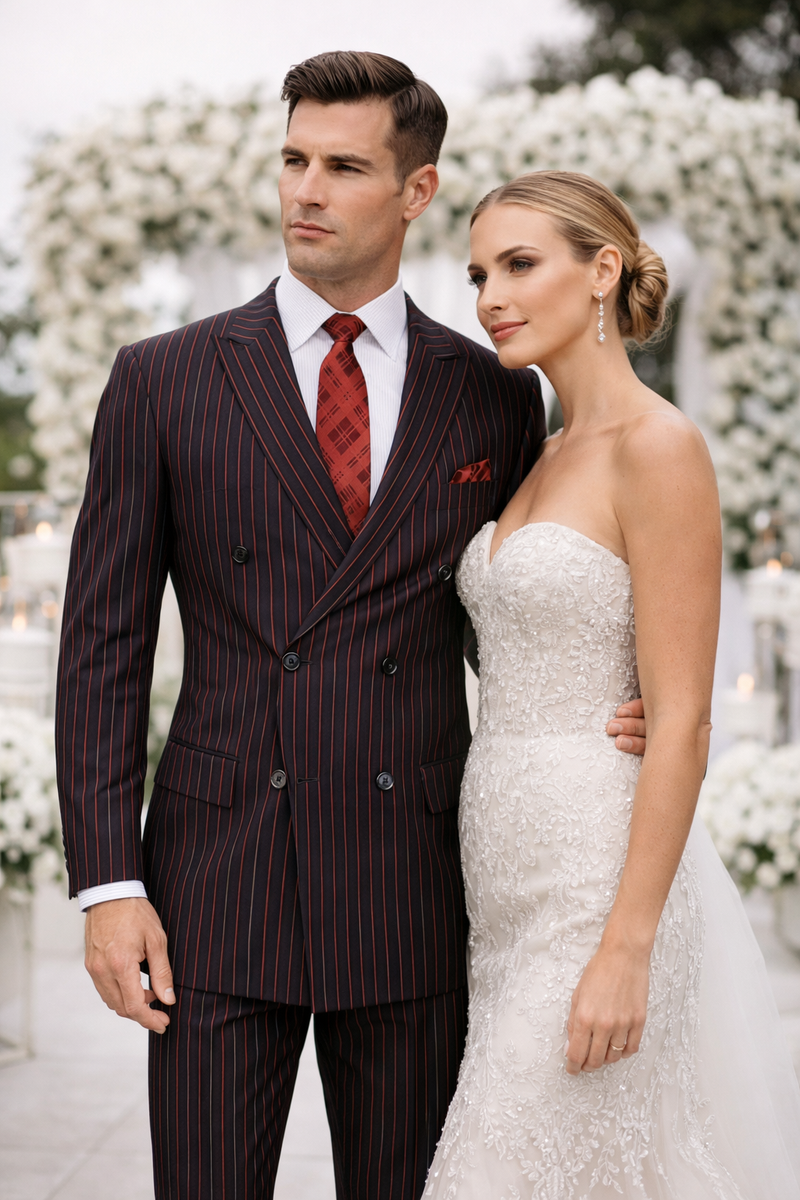Men's Designer Double Breasted Wool Suit in Bold Black & Red Gangster Pinstripe