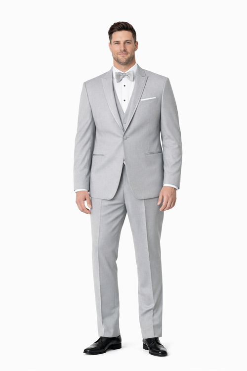 Mens Designer Marseille One Button Satin Trim Peak Tuxedo Light Grey