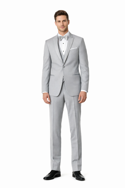 Mens Designer Marseille One Button Satin Trim Peak Tuxedo Light Grey