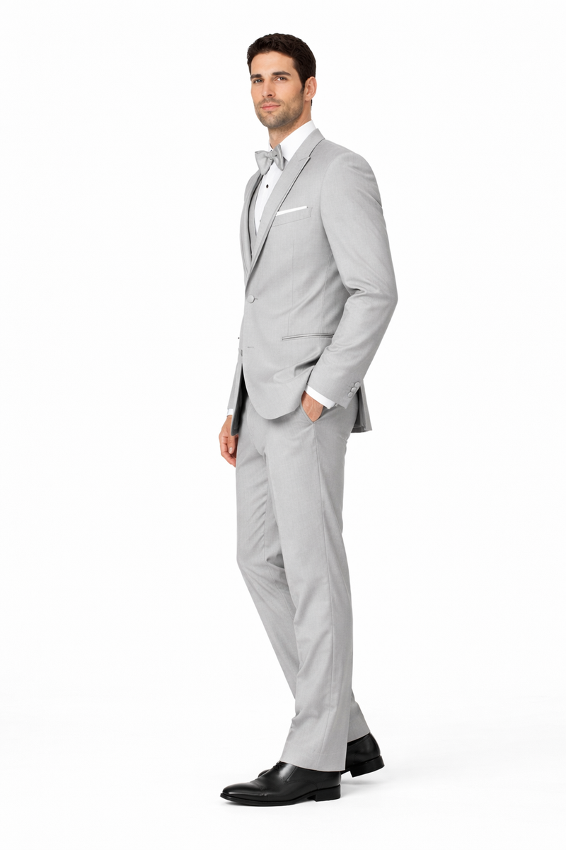 Mens Designer Marseille One Button Satin Trimmed Peak Tuxedo Light Grey