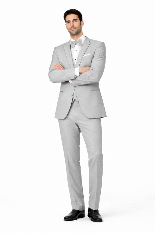 Mens Designer Marseille One Button Satin Trimmed Peak Tuxedo Light Grey