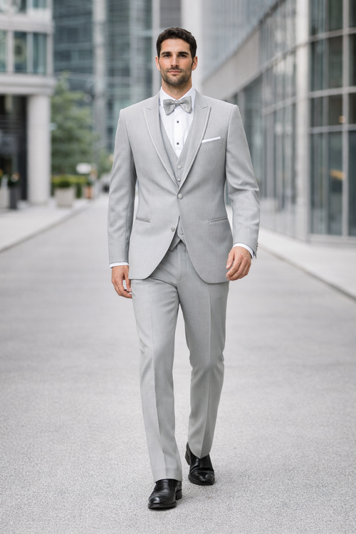 Mens Designer Marseille One Button Satin Trimmed Peak Tuxedo Light Grey