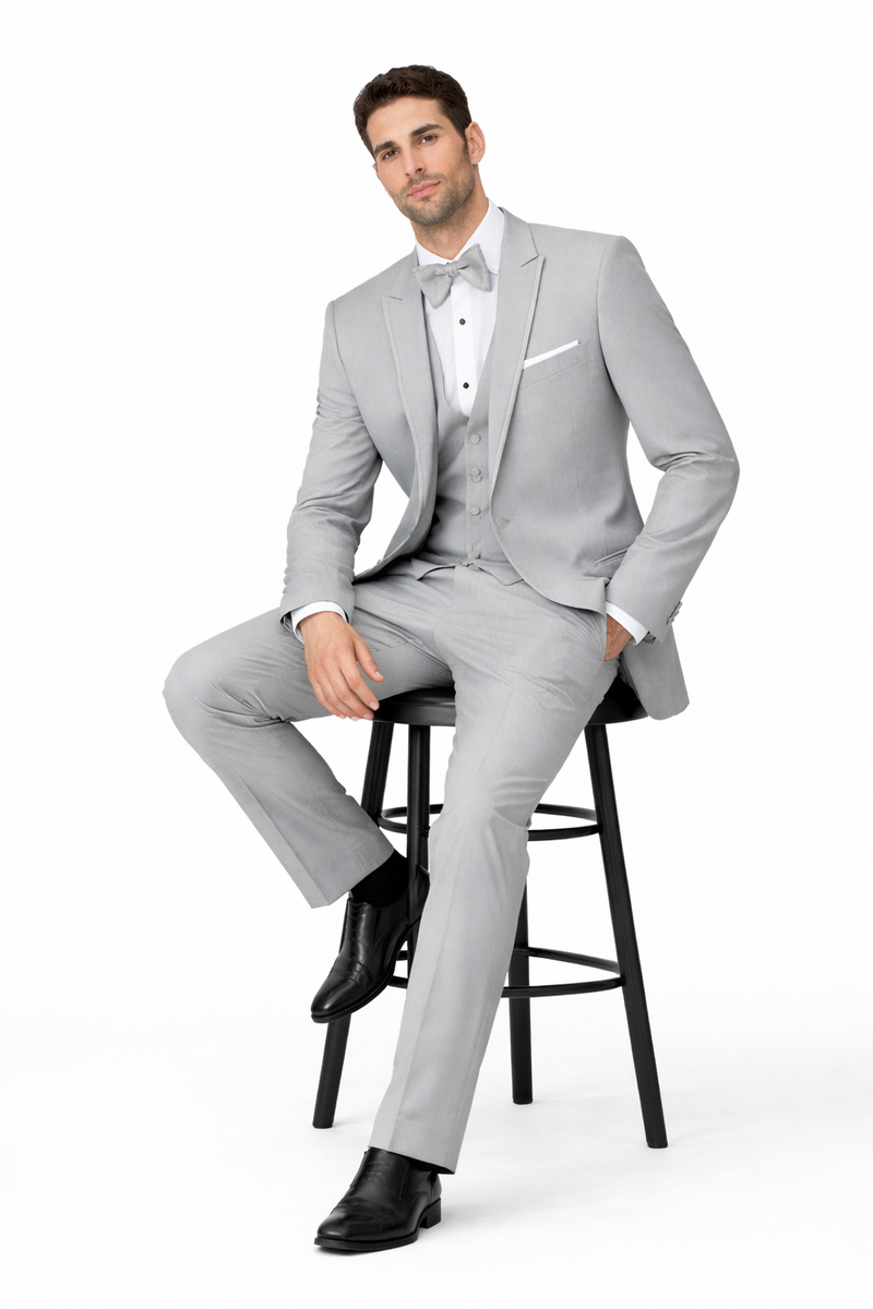 Mens Designer Marseille One Button Satin Trimmed Peak Tuxedo Light Grey