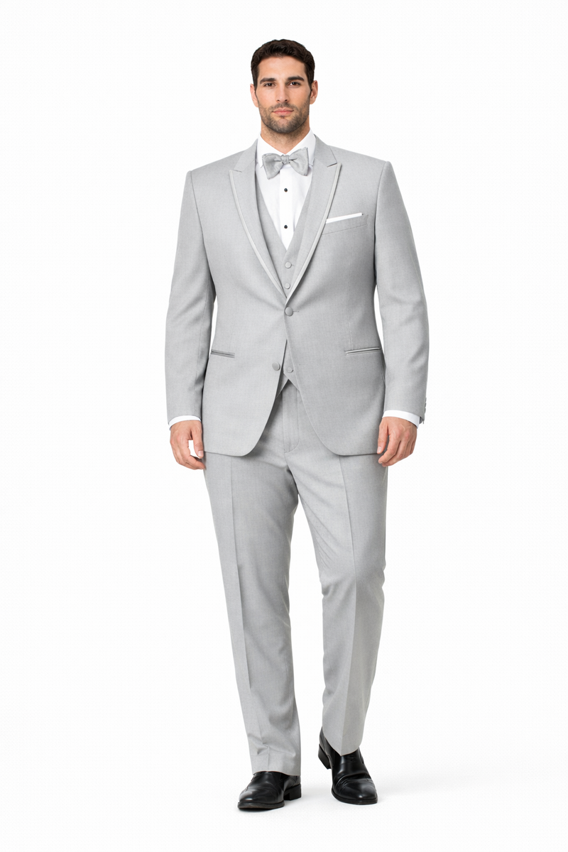 Mens Designer Marseille One Button Satin Trimmed Peak Tuxedo Light Grey
