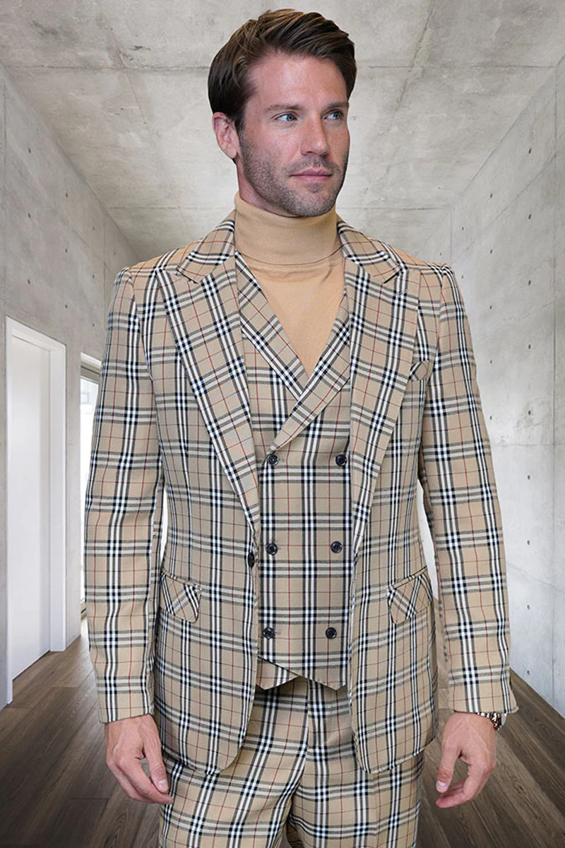 Marc Darcy men's wedding suit in tan/beige check. Single-button jacket, peak lapel, matching vested waistcoat (double-breasted). Textured wool fabric with black accents. Trousers coordinate.