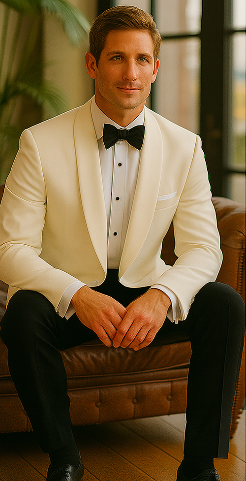 Mens Designer Traditional Shawl Lapel Dinner Jacket in Ivory