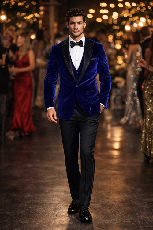 Mens Designer Velvet Tuxedo in Navy-Dinner Jacket $169